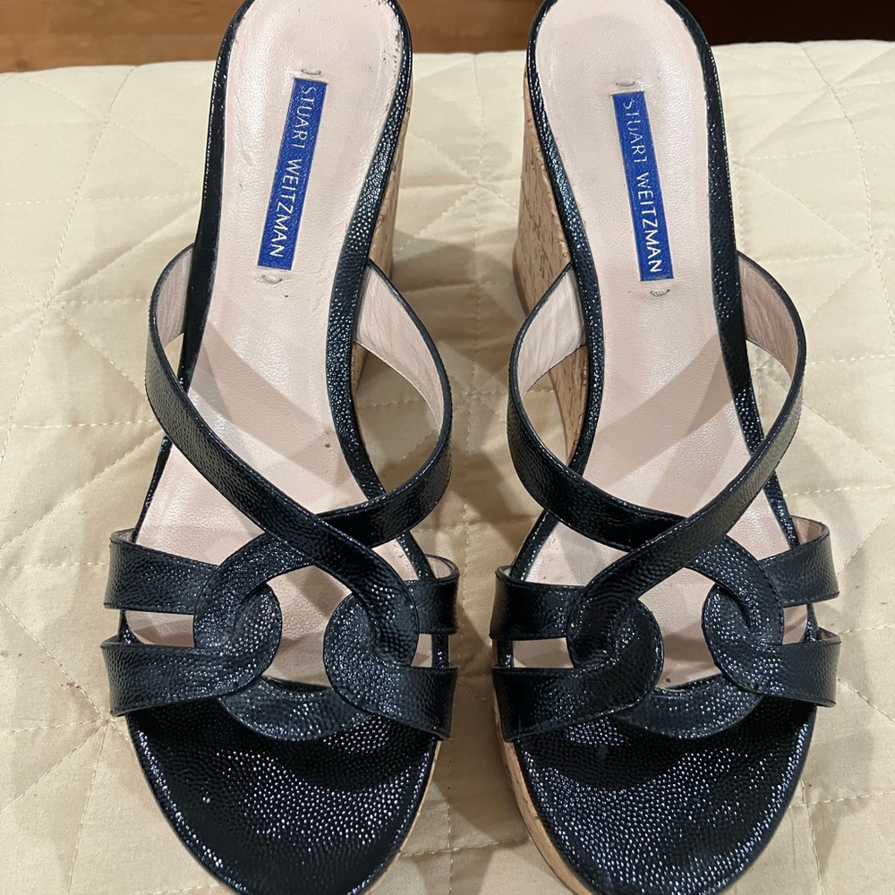 Stuart Weitzman Black Leather Wedges